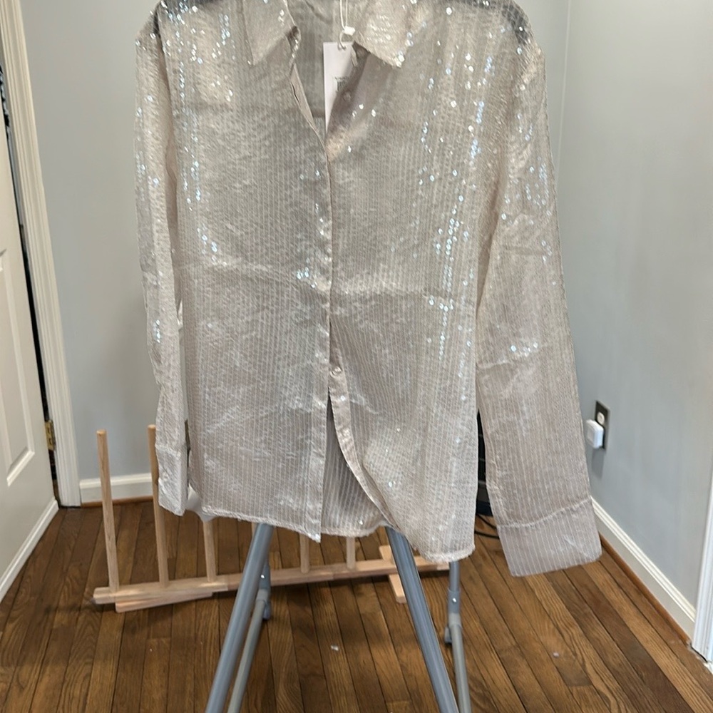 Mango Sequin Beige Button-Up Shirt